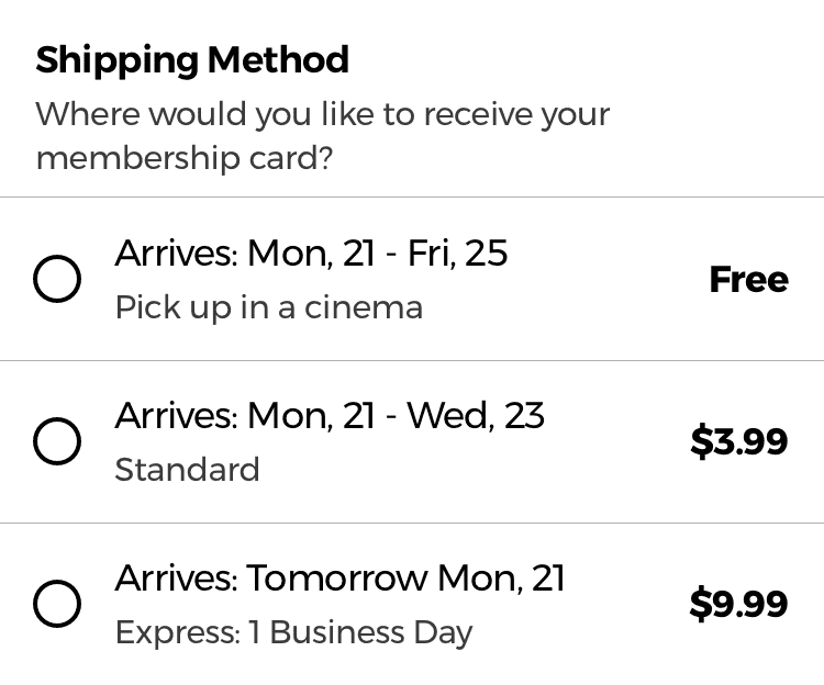 Example of a correct way to label delivery methods.