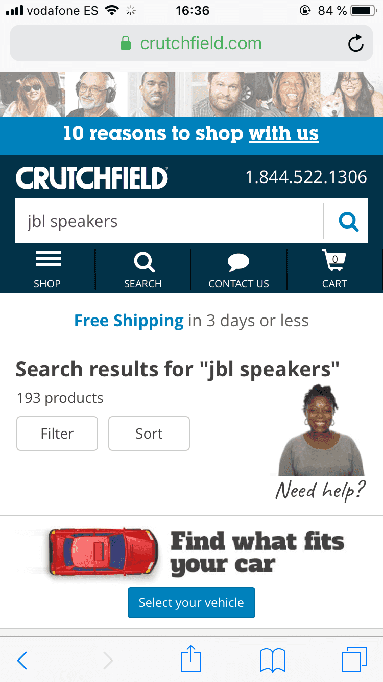Crutchfield.com muestra la barra de búsqueda y los botones para clasificar y filtrar al mismo tiempo.
