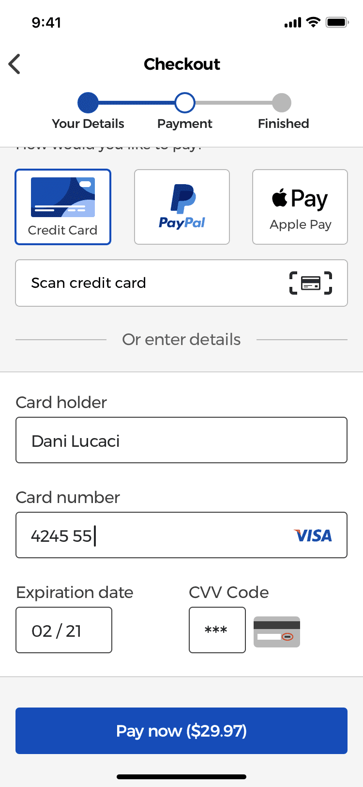 Guest checkout with credit card form interaction.