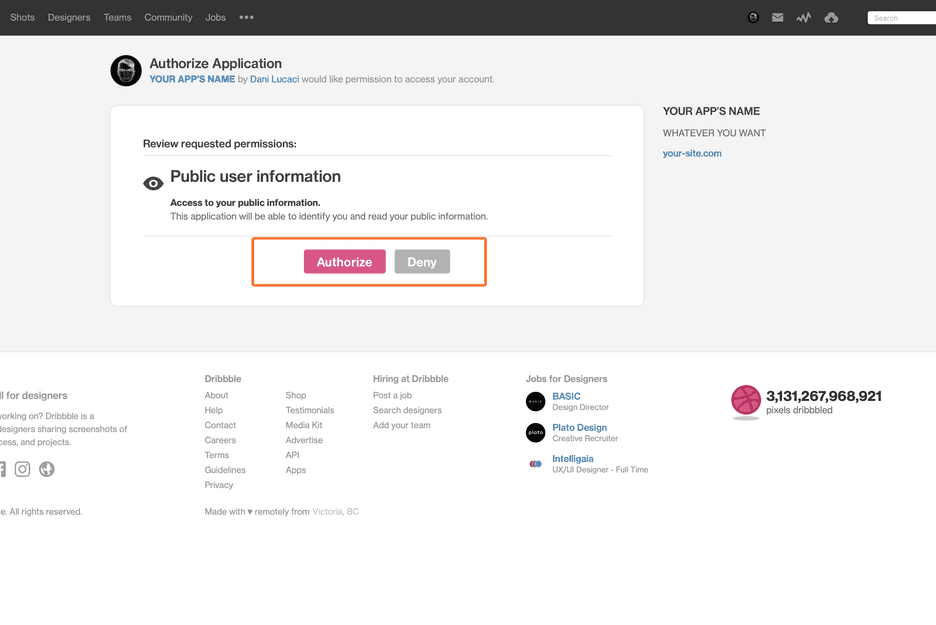 Dribbble screen in which you can authorize your app.