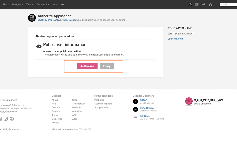 Página en Dribbble en la que puedes autorizar tu aplicación.