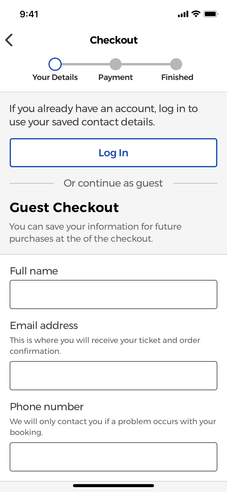 Users can sign in to use their saved personal information or as a guest, when booking a movie.