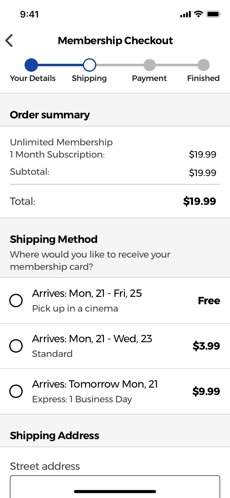 Shipping information screen with optimized copy to avoid confusing users with the different shipping options.